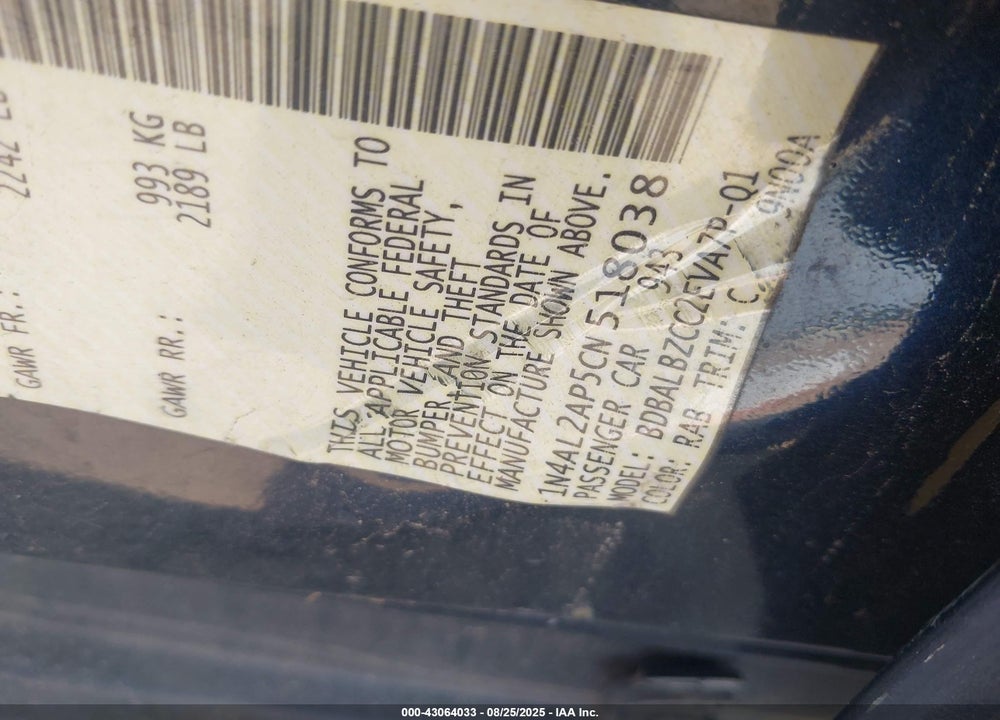2012 NISSAN ALTIMA VIN: 1N4AL2AP5CN518038