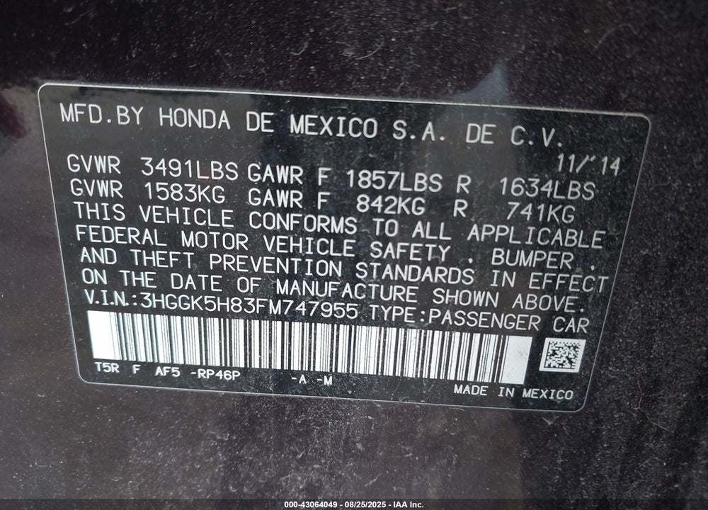 2015 HONDA FIT VIN: 3HGGK5H83FM747955