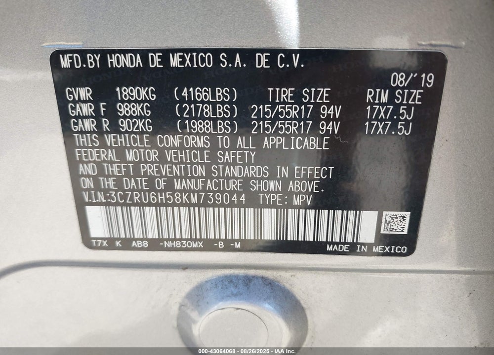 2019 HONDA HR-V VIN: 3CZRU6H58KM739044