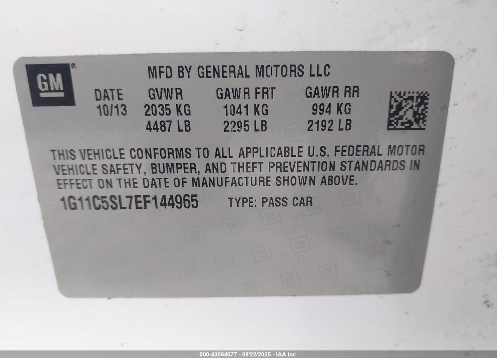 2014 CHEVROLET MALIBU VIN: 1G11C5SL7EF144965