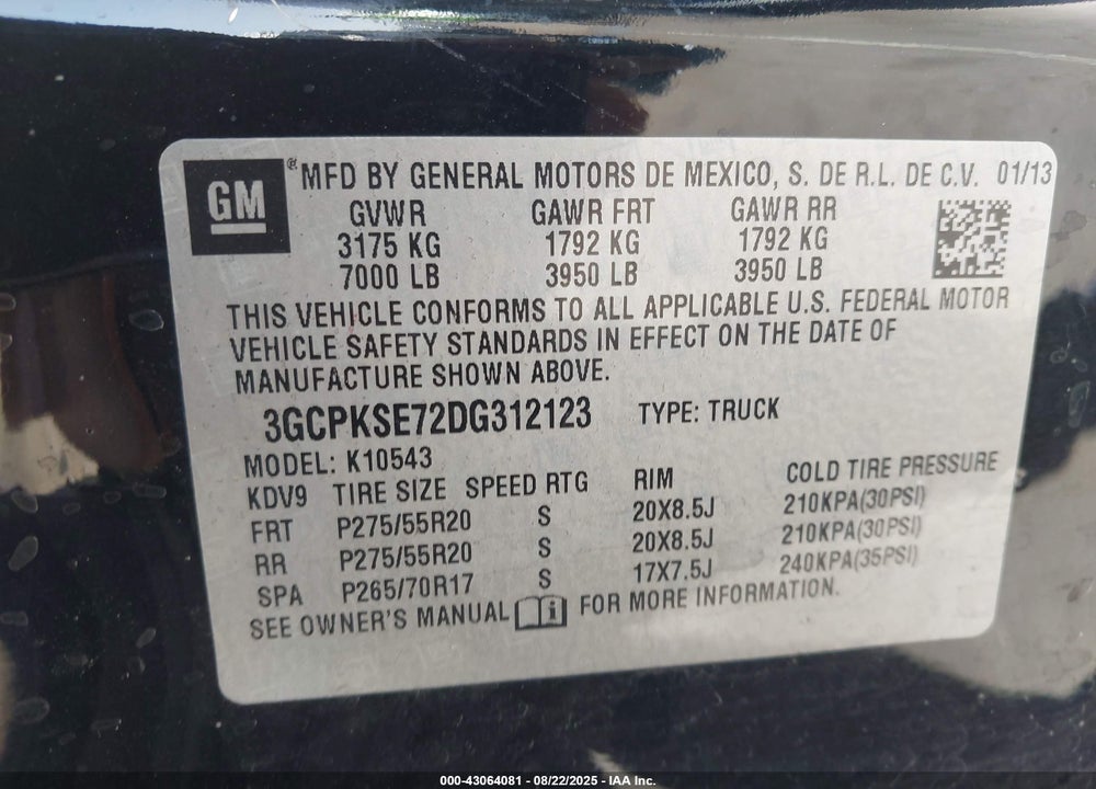 2013 CHEVROLET SILVERADO 1500 VIN: 3GCPKSE72DG312123