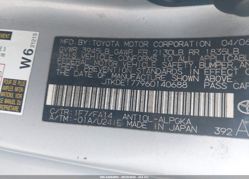 2006 SCION TC VIN: JTKDE177960140688
