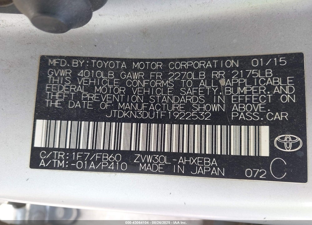 2015 TOYOTA PRIUS VIN: JTDKN3DU1F1922532