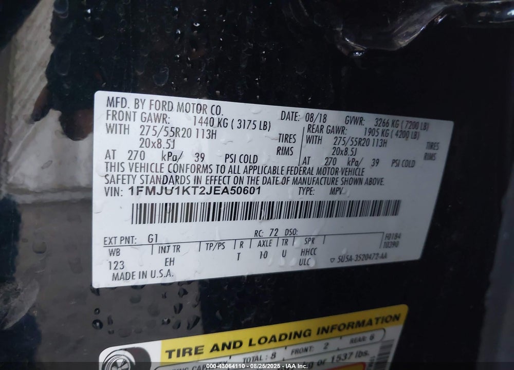 2018 FORD EXPEDITION VIN: 1FMJU1KT2JEA50601