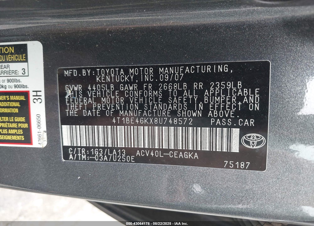 2008 TOYOTA CAMRY XLE VIN: 4T1BE46KX8U748572