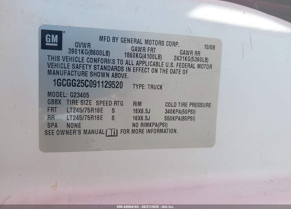 2009 CHEVROLET EXPRESS 2500 WORK VAN VIN: 1GCGG25C091129520
