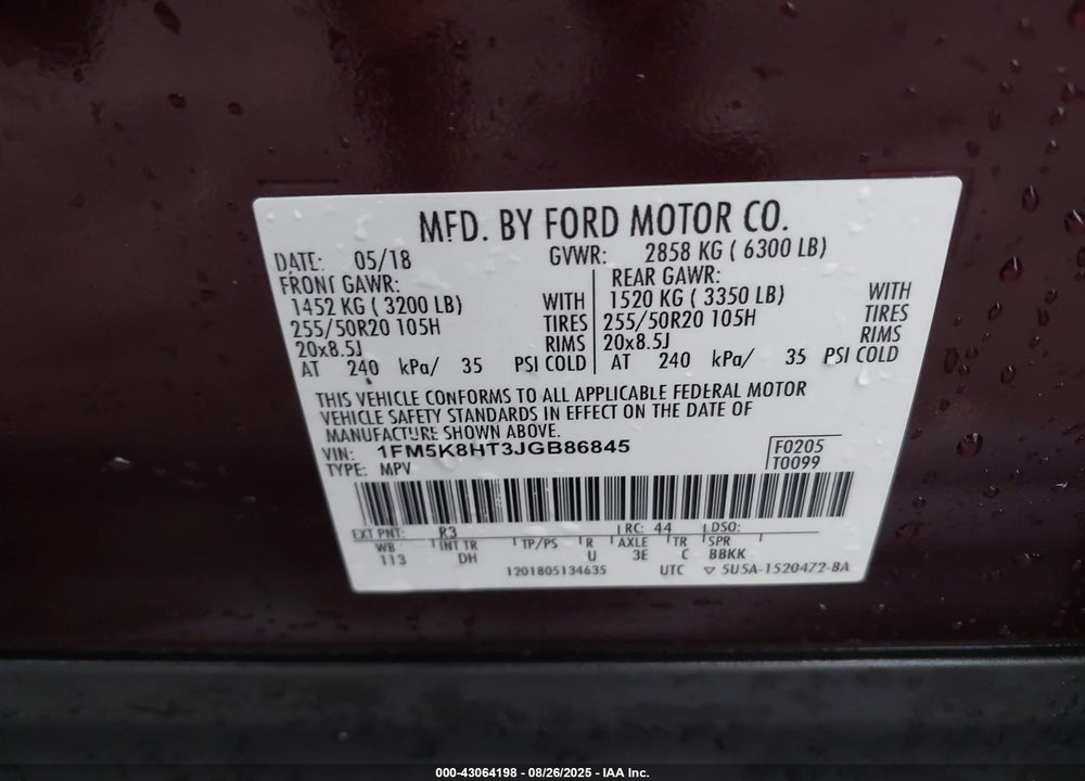 2018 FORD EXPLORER VIN: 1FM5K8HT3JGB86845