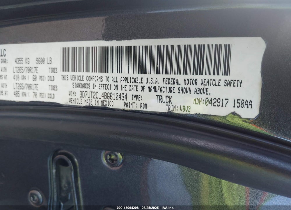 2011 RAM RAM 2500 VIN: 3D7UT2CL4BG610434