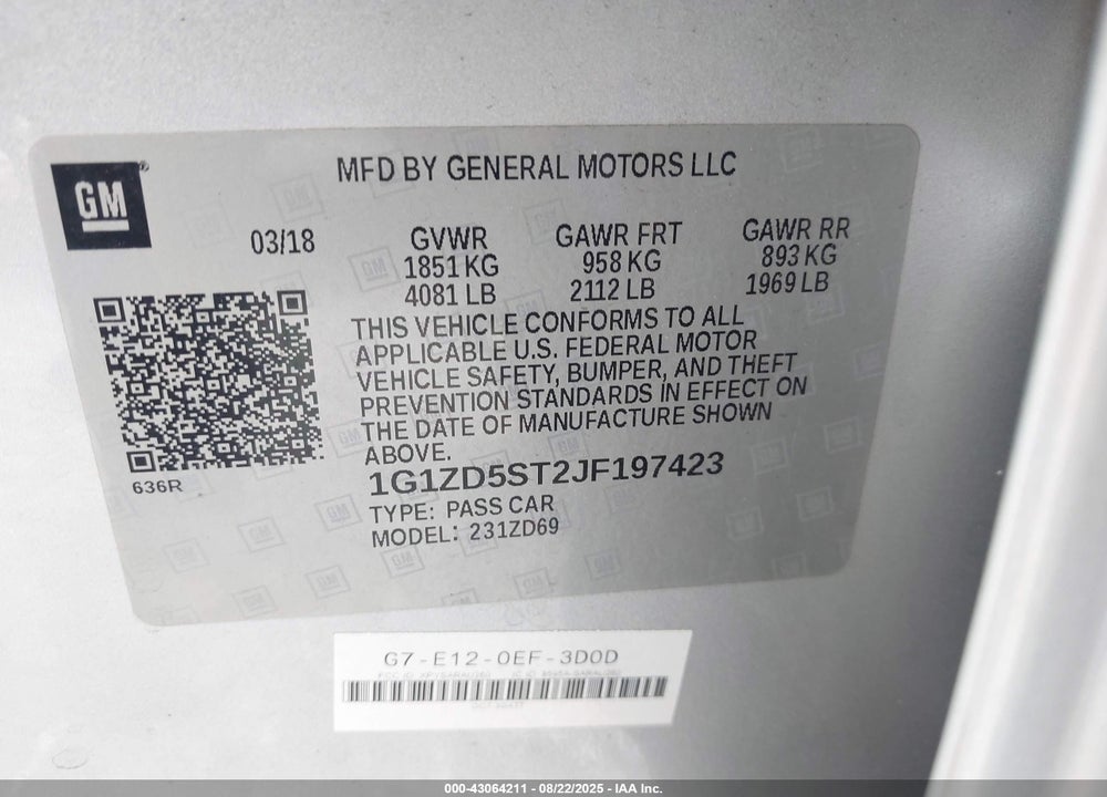 2018 CHEVROLET MALIBU LT VIN: 1G1ZD5ST2JF197423