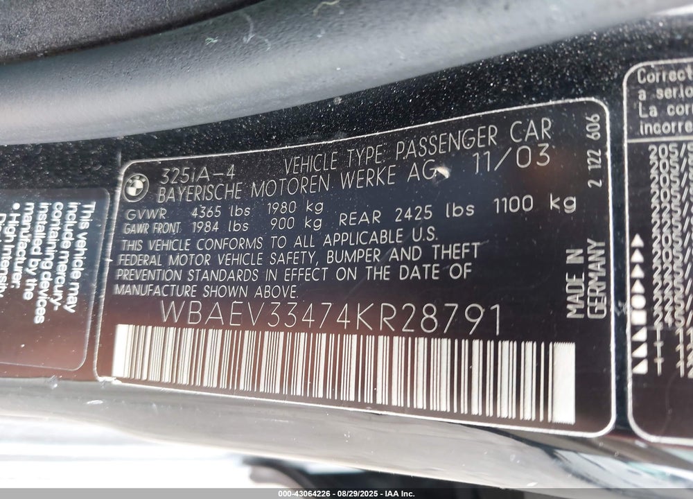 2004 BMW 325I VIN: WBAEV33474KR28791