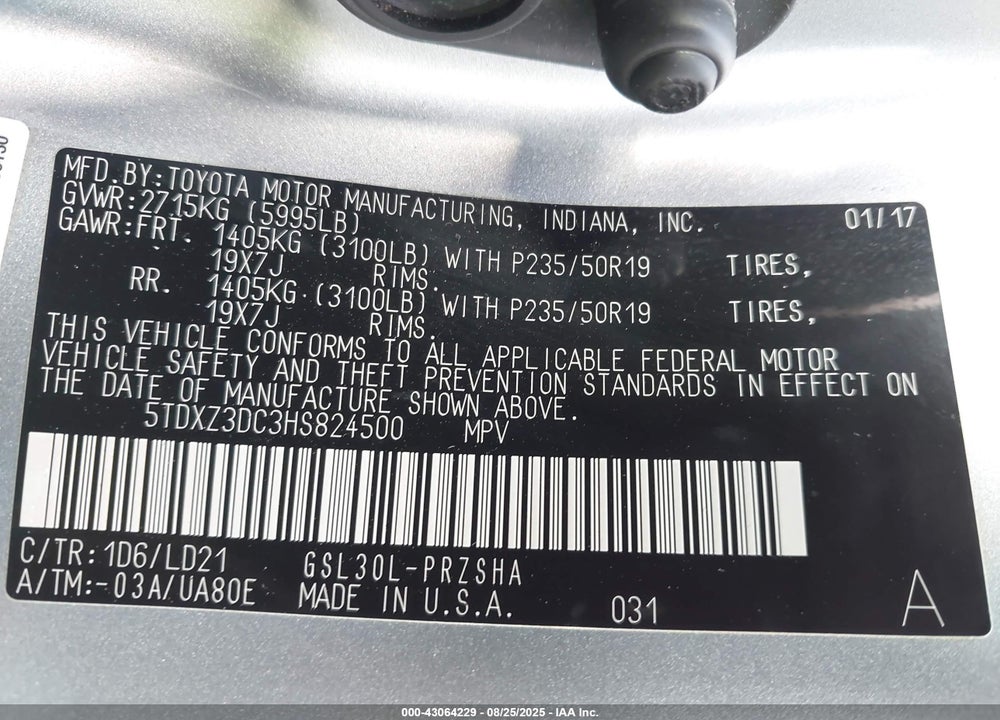 2017 TOYOTA SIENNA VIN: 5TDXZ3DC3HS824500