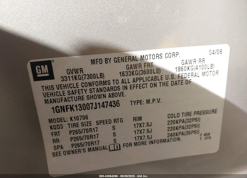 2007 CHEVROLET TAHOE LT VIN: 1GNFK13007J147436