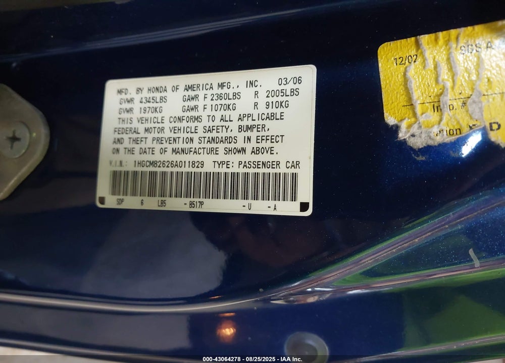 2006 HONDA ACCORD 3.0 EX VIN: 1HGCM82626A011829