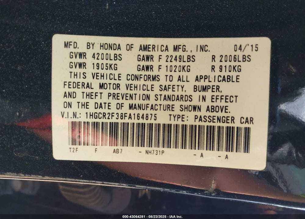2015 HONDA ACCORD VIN: 1HGCR2F38FA164875