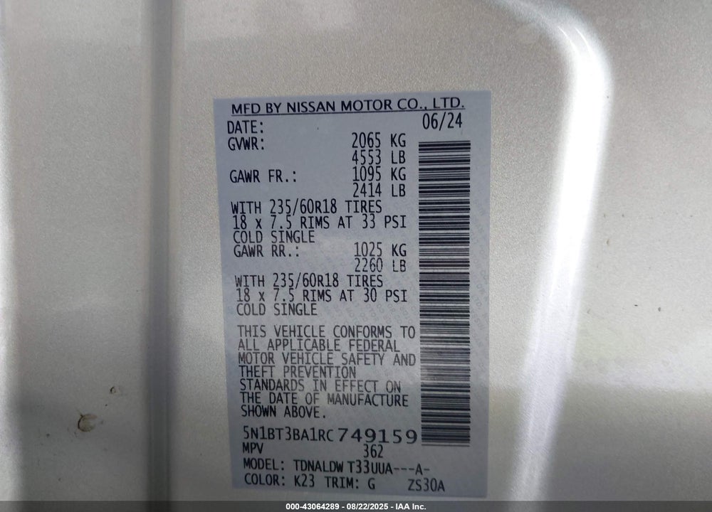 2024 NISSAN ROGUE SV FWD VIN: 5N1BT3BA1RC749159