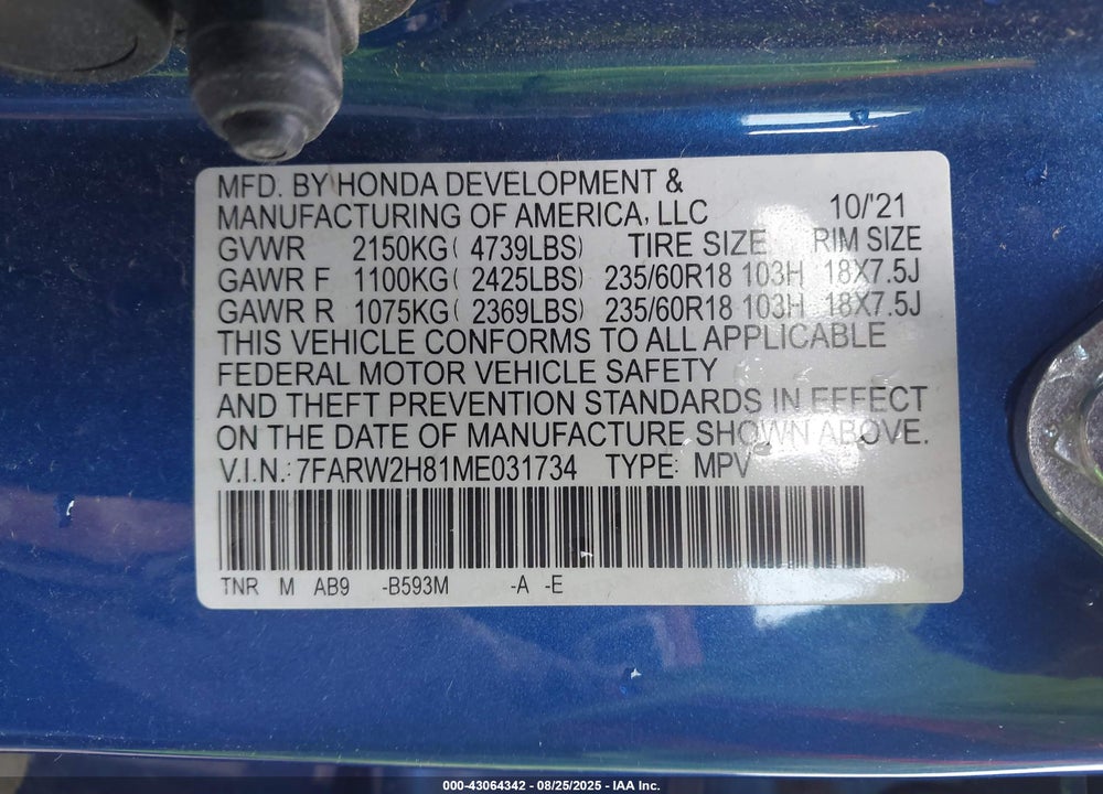 2021 HONDA CR-V VIN: 7FARW2H81ME031734