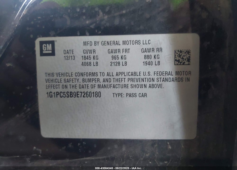 2014 CHEVROLET CRUZE VIN: 1G1PC5SB9E7260180