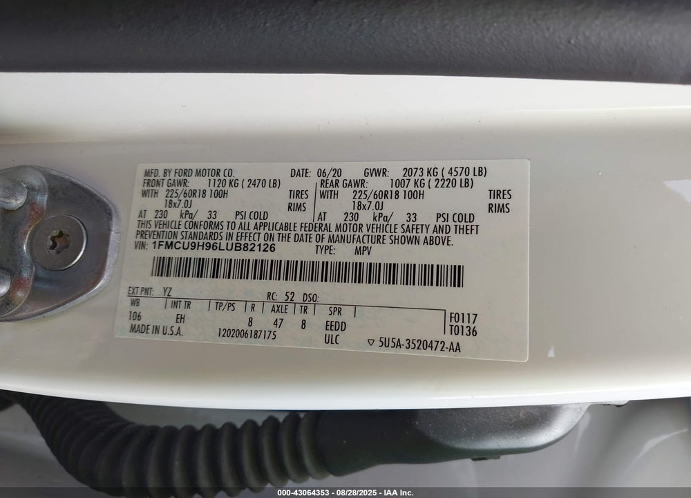 2020 FORD ESCAPE VIN: 1FMCU9H96LUB82126