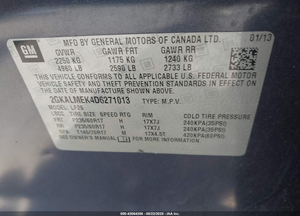 2013 GMC TERRAIN SLE-1 VIN: 2GKALMEK4D6271013