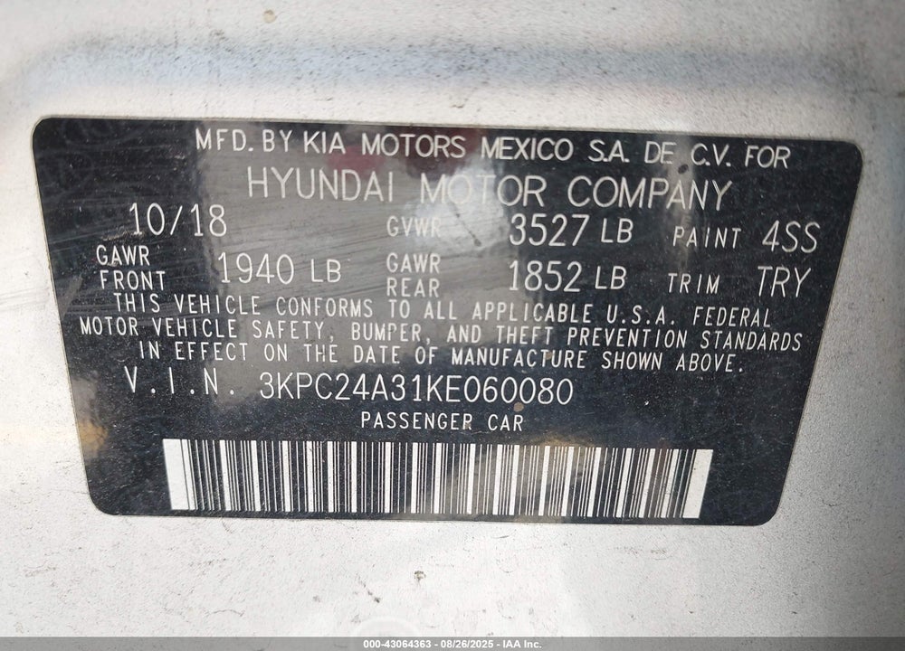 2019 HYUNDAI ACCENT SE VIN: 3KPC24A31KE060080