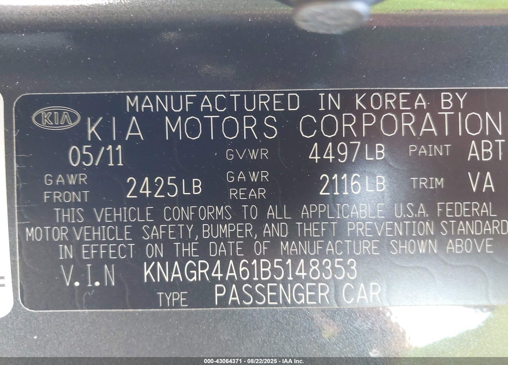 2011 KIA OPTIMA VIN: KNAGR4A61B5148353