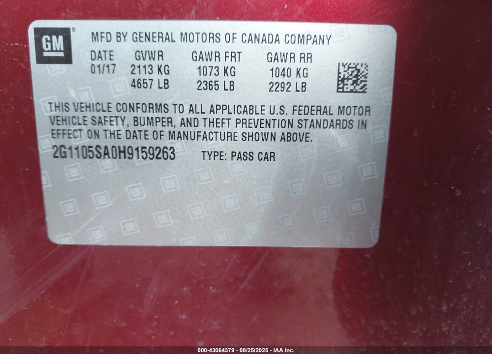 2017 CHEVROLET IMPALA VIN: 2G1105SA0H9159263