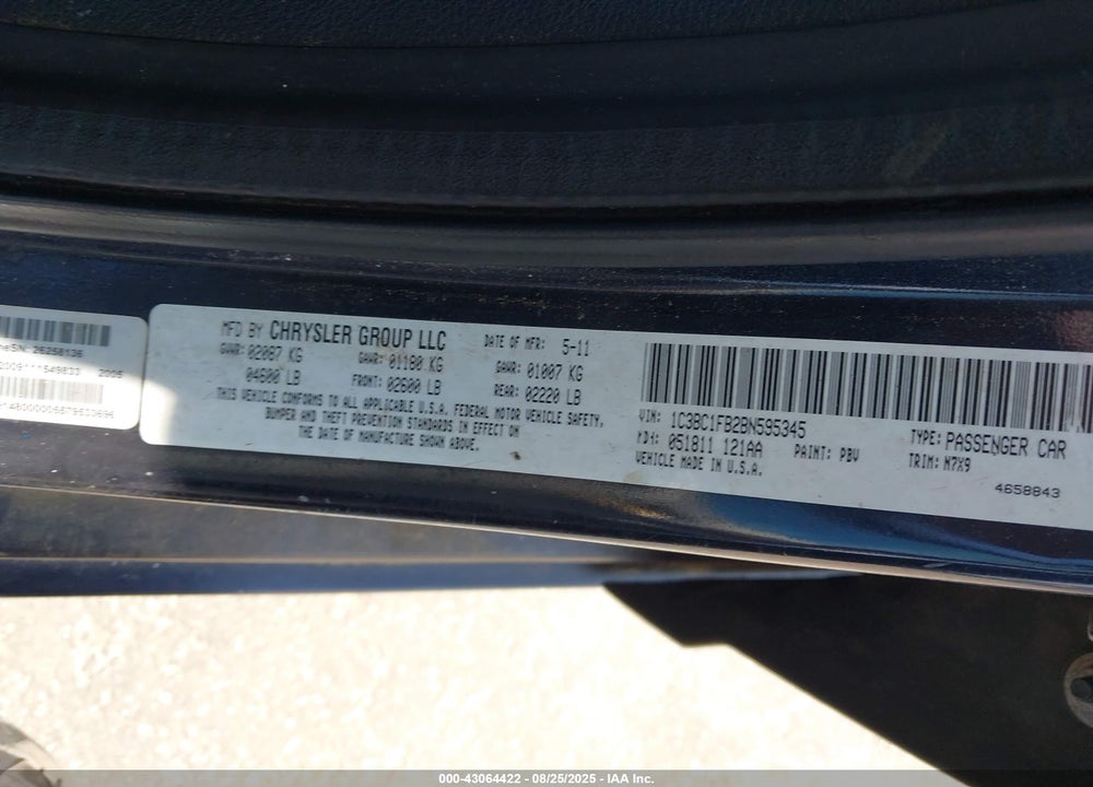 2011 CHRYSLER 200 VIN: 1C3BC1FB2BN595345