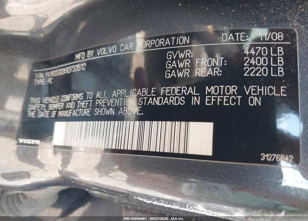 2009 VOLVO S60 VIN: YV1RS592X92733512
