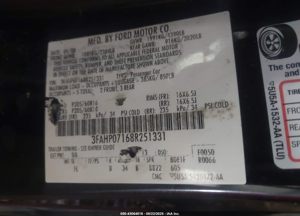 2008 FORD FUSION SE VIN: 3FAHP07168R251331