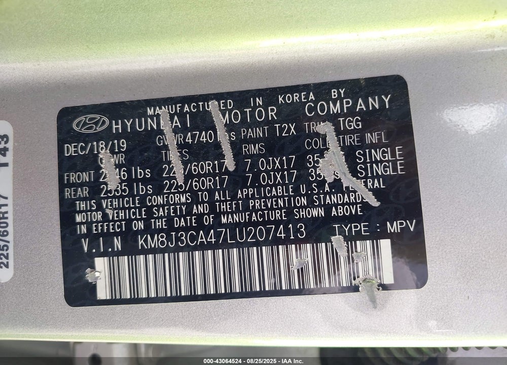 2020 HYUNDAI TUCSON VIN: KM8J3CA47LU207413