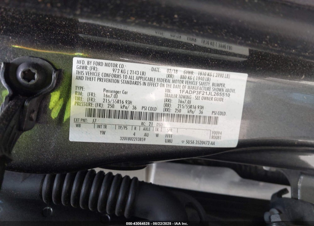 2018 FORD FOCUS VIN: 1FADP3F21JL265510