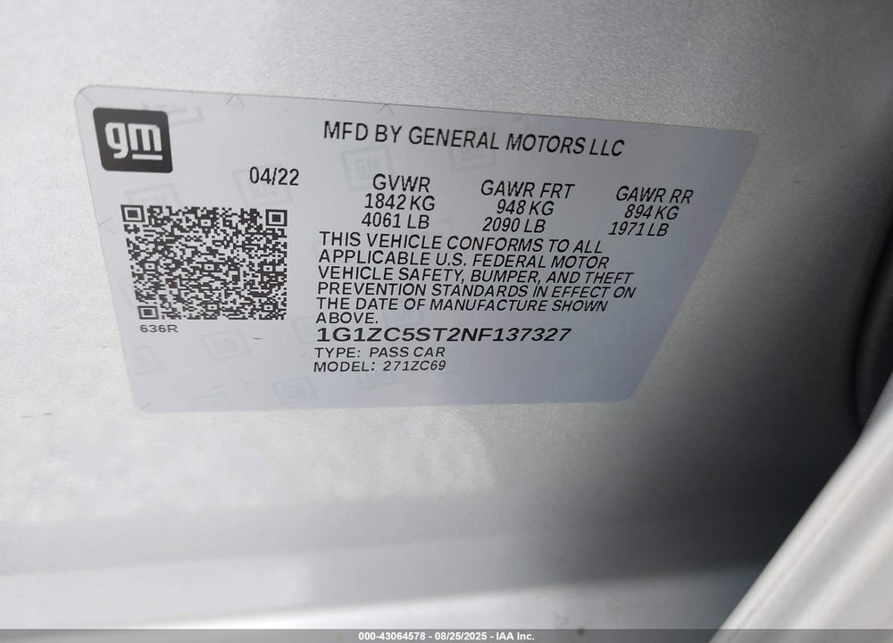 2022 CHEVROLET MALIBU VIN: 1G1ZC5ST2NF137327