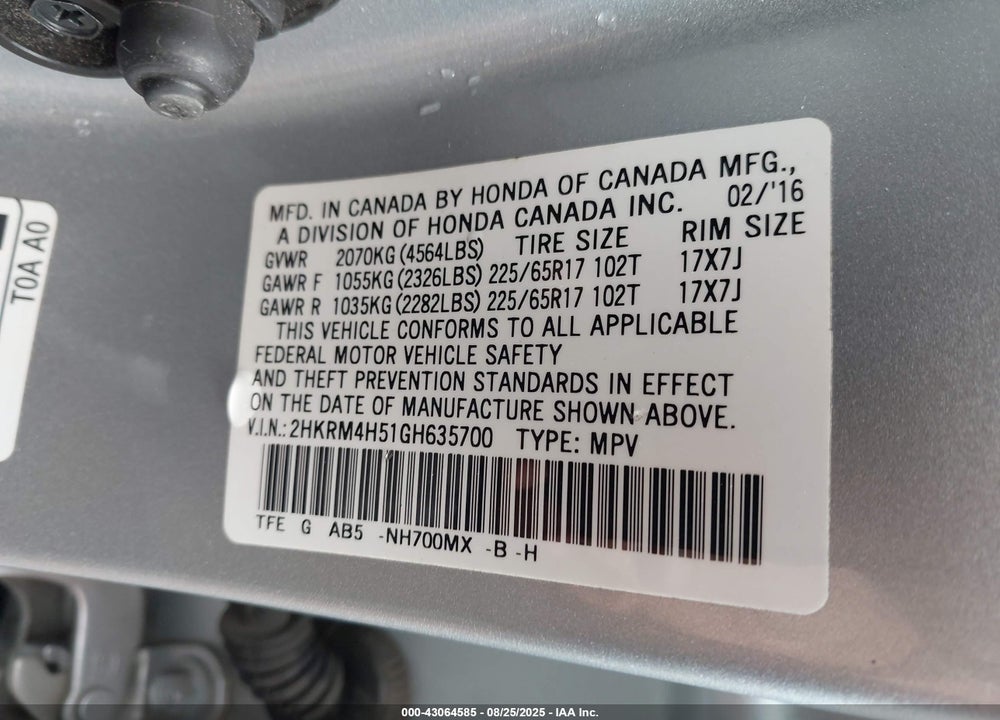 2016 HONDA CR-V VIN: 2HKRM4H51GH635700