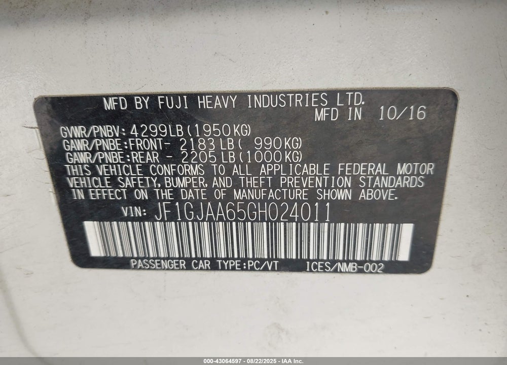 2016 SUBARU IMPREZA VIN: JF1GJAA65GH024011