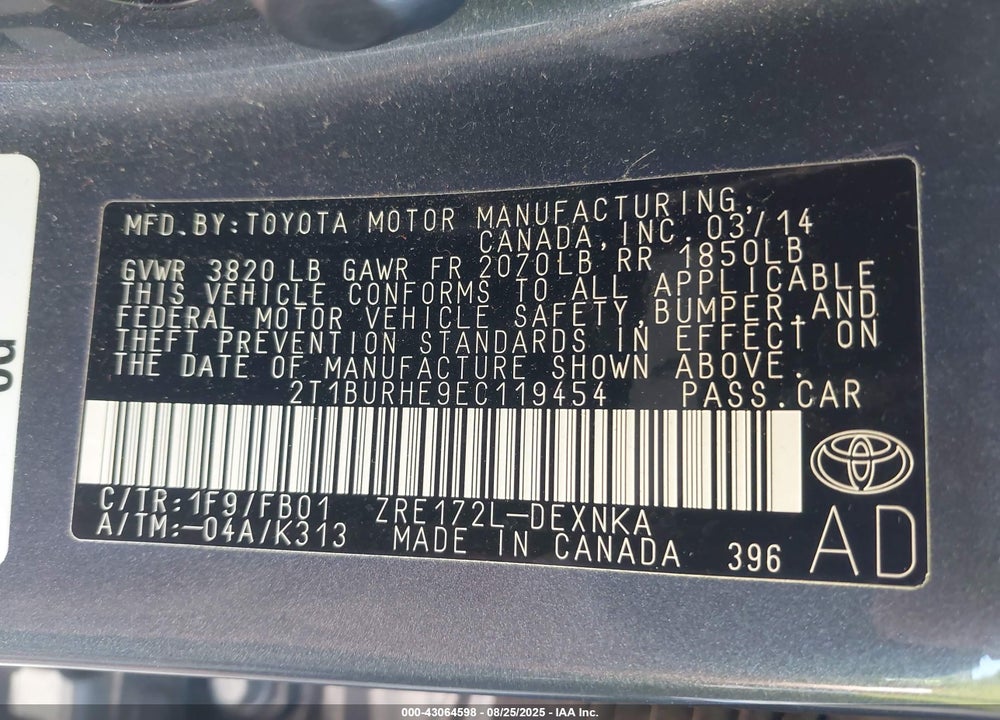 2014 TOYOTA COROLLA VIN: 2T1BURHE9EC119454