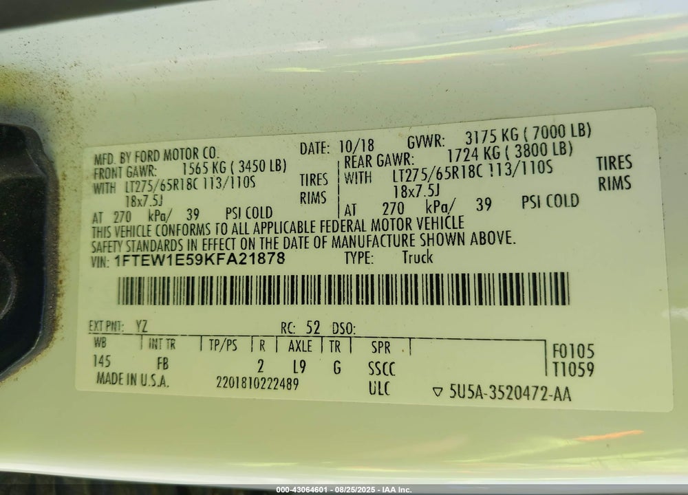 2019 FORD F-150 VIN: 1FTEW1E59KFA21878
