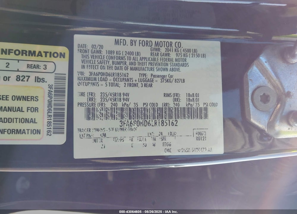 2020 FORD FUSION SE VIN: 3FA6P0HD6LR185162