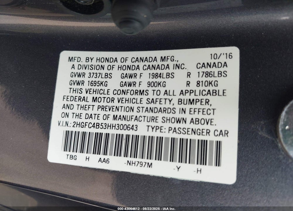 2017 HONDA CIVIC VIN: 2HGFC4B53HH300643