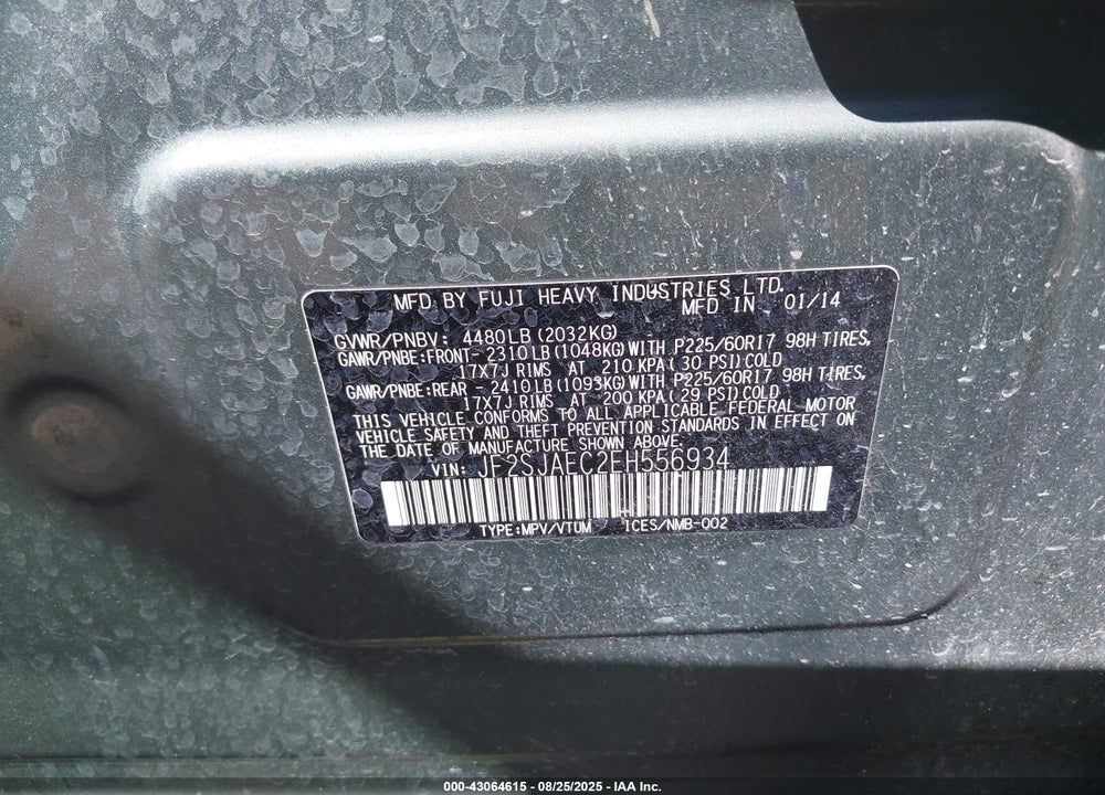 2014 SUBARU FORESTER VIN: JF2SJAEC2EH556934