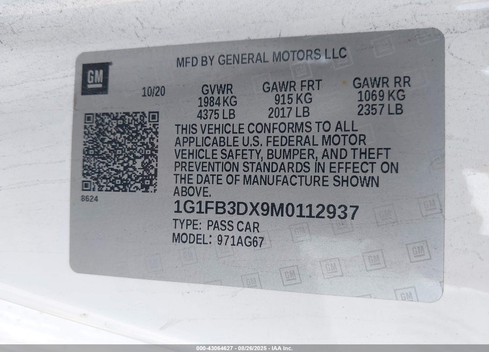 2021 CHEVROLET CAMARO VIN: 1G1FB3DX9M0112937