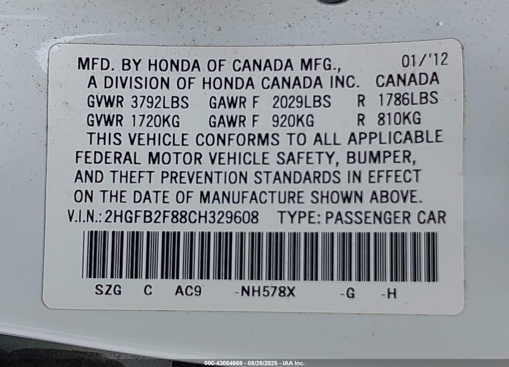 2012 HONDA CIVIC VIN: 2HGFB2F88CH329608