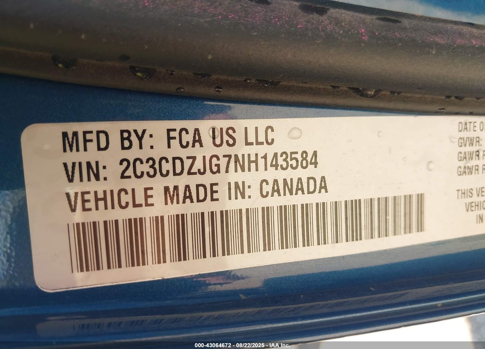 2022 DODGE CHALLENGER VIN: 2C3CDZJG7NH143584