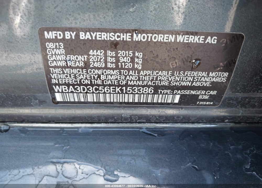 2014 BMW 3 SERIES VIN: WBA3D3C56EK153386