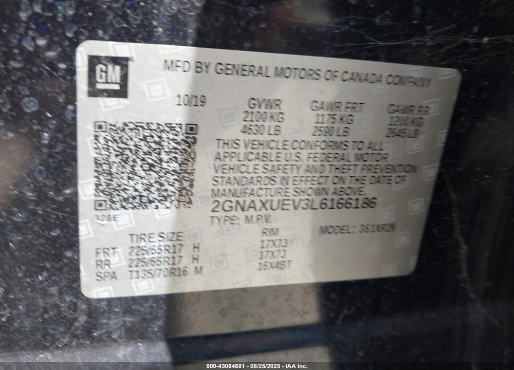2020 CHEVROLET EQUINOX AWD LT 1.5L TURBO VIN: 2GNAXUEV3L6166186