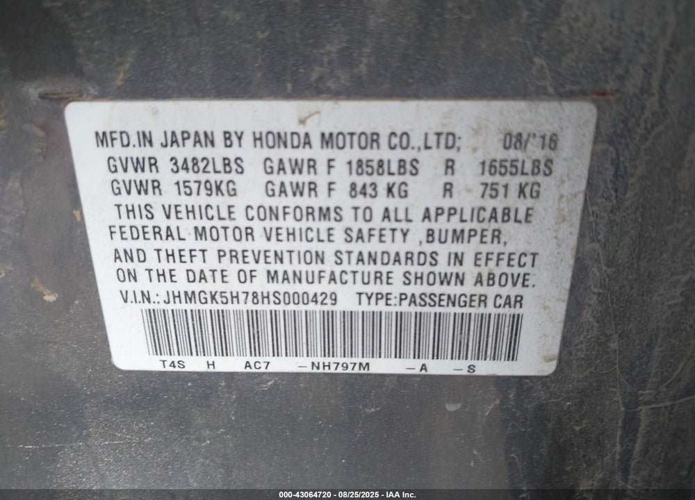 2017 HONDA FIT VIN: JHMGK5H78HS000429