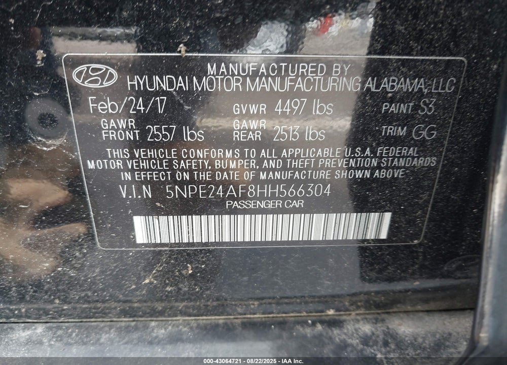 2017 HYUNDAI SONATA VIN: 5NPE24AF8HH566304