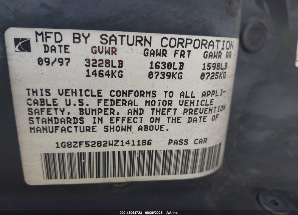 1998 SATURN SL VIN: 1G8ZF5282WZ141186