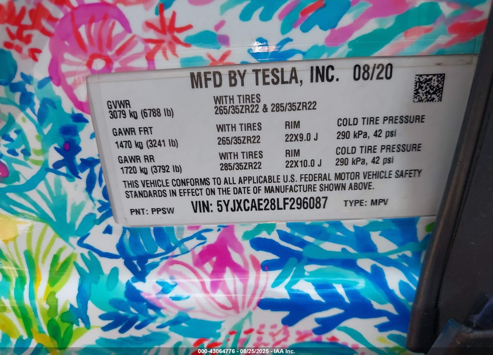 2020 TESLA MODEL X LONG RANGE DUAL MOTOR ALL-WHEEL DRIVE/LONG RANGE PLUS DUAL MOTOR ALL-WHEEL DRIVE VIN: 5YJXCAE28LF296087
