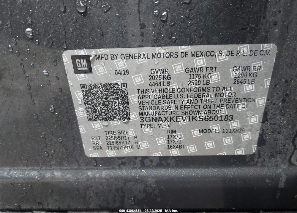 2019 CHEVROLET EQUINOX LT VIN: 3GNAXKEV1KS650183