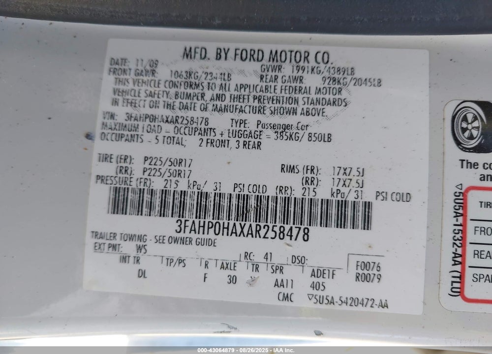 2010 FORD FUSION SE VIN: 3FAHP0HAXAR258478